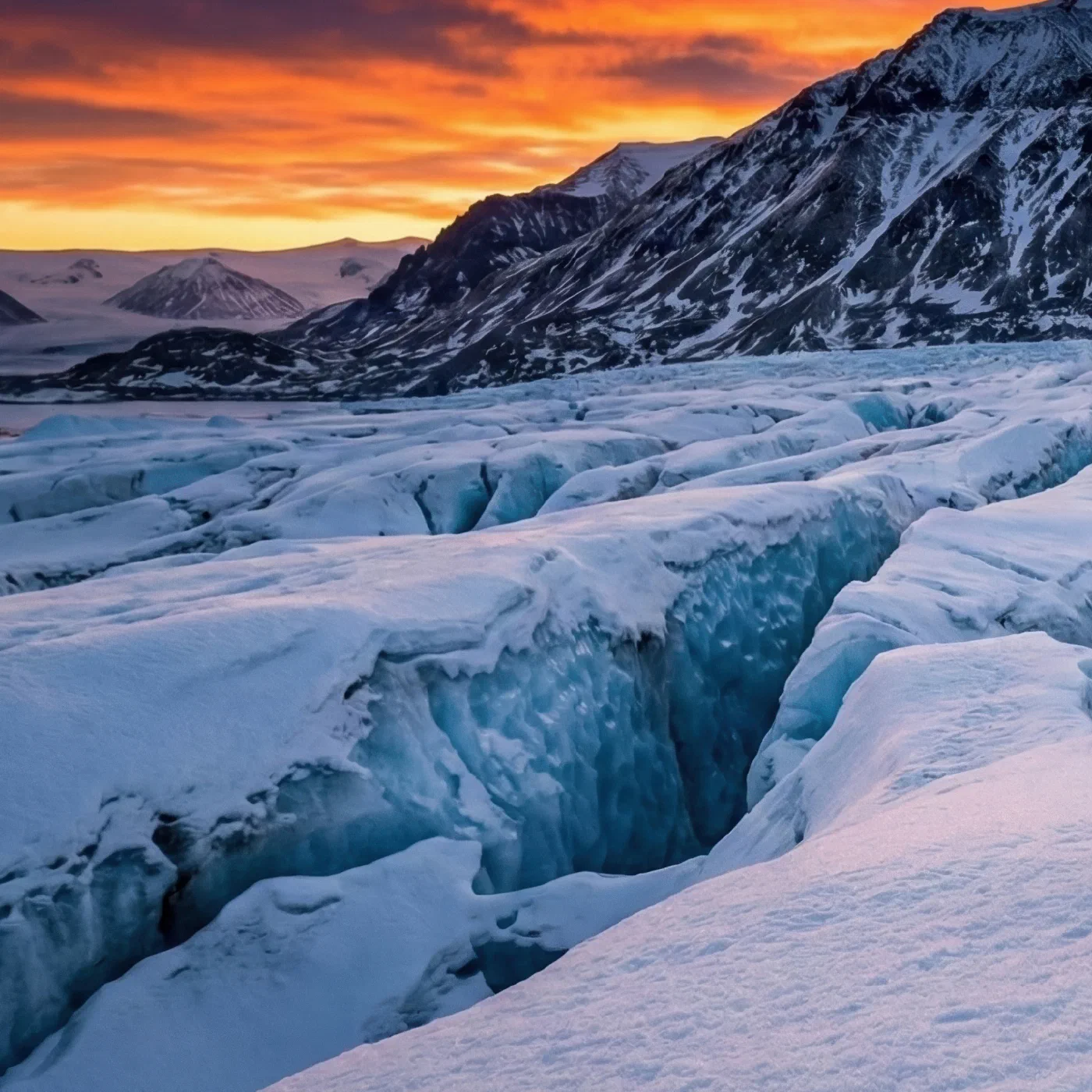 A lone penguin chick standing on a glacier, footprints trailing behind it, mountains lit orange at sunset